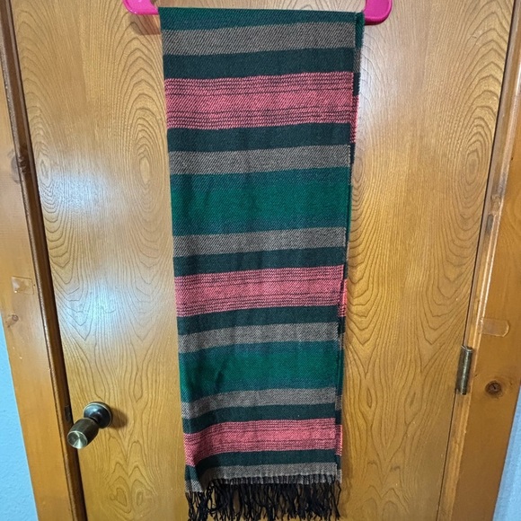 Striped Green, gray, pink and black Scarf with black Fringe - Picture 5 of 5